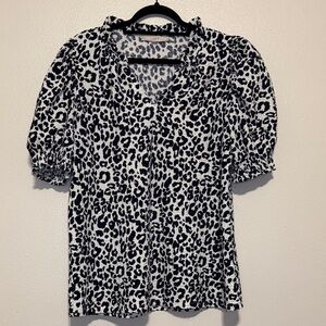 LOFT Black and White Leopard Print Puff Sleeve Blouse